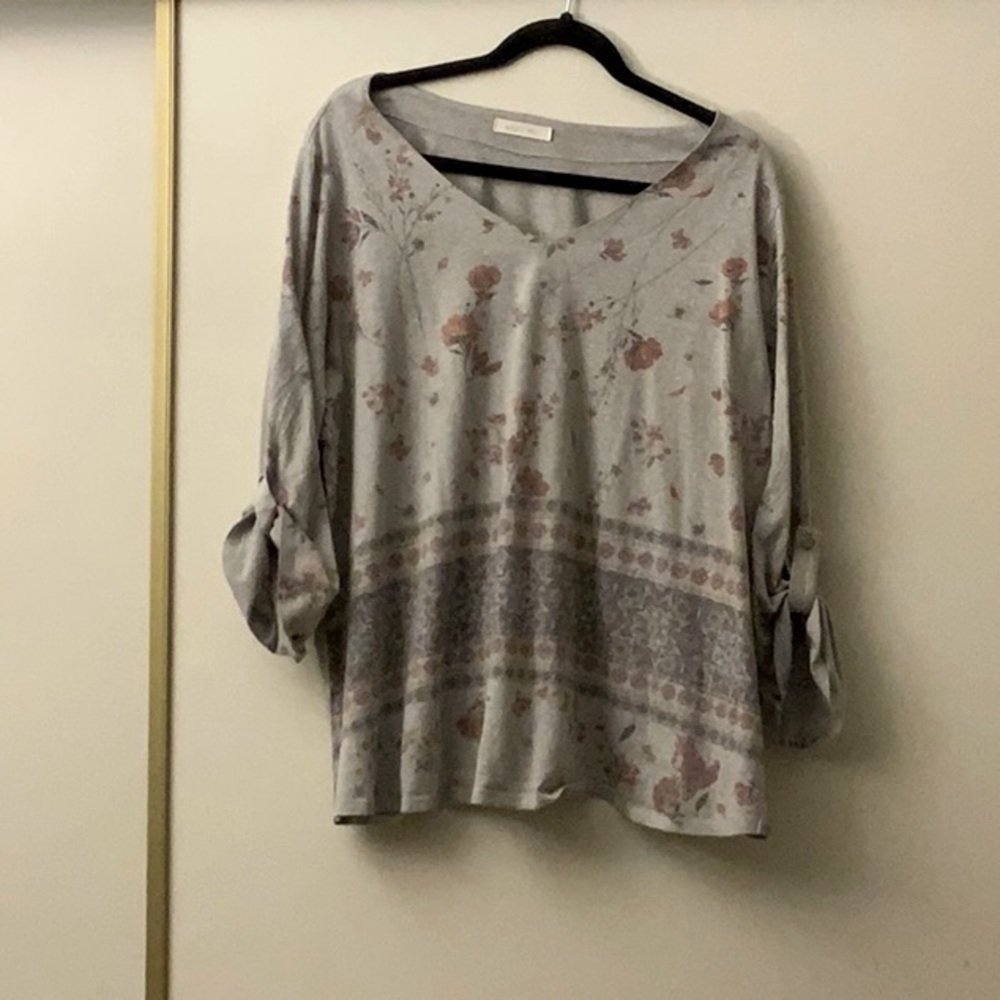 August Mist Lou Roll Tab Sleeve Knit Top 3X